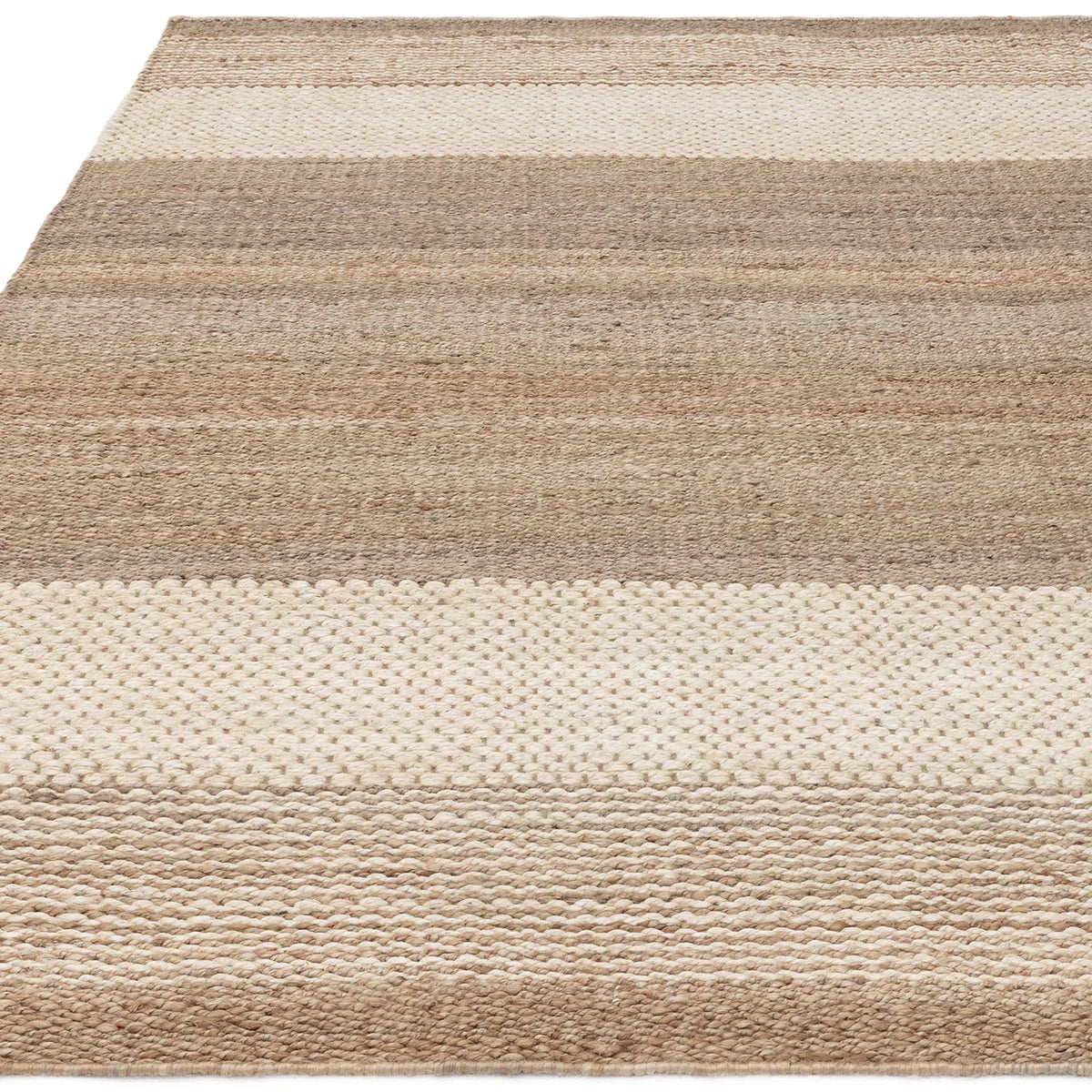 Asiatic Cedar Ivory Natural Designer Rug featuring striped bands in ivory, beige, camel on cream base, hand-tufted wool