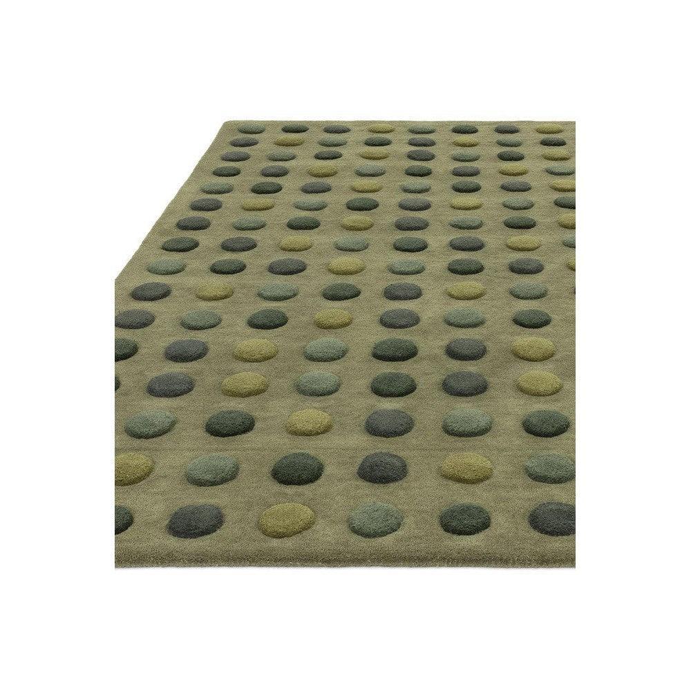 Asiatic Dotty Green Designer Rug featuring polka dots in olive, sage green, charcoal and beige on khaki background, hand-tufted wool