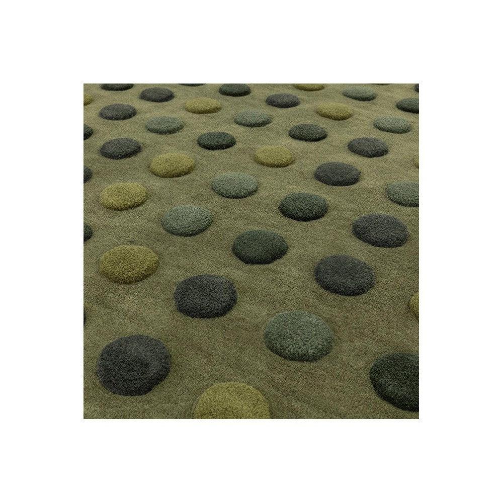 Asiatic Dotty Green Designer Rug featuring dotty pattern in olive, sage, moss and charcoal on green background, hand-tufted wool
