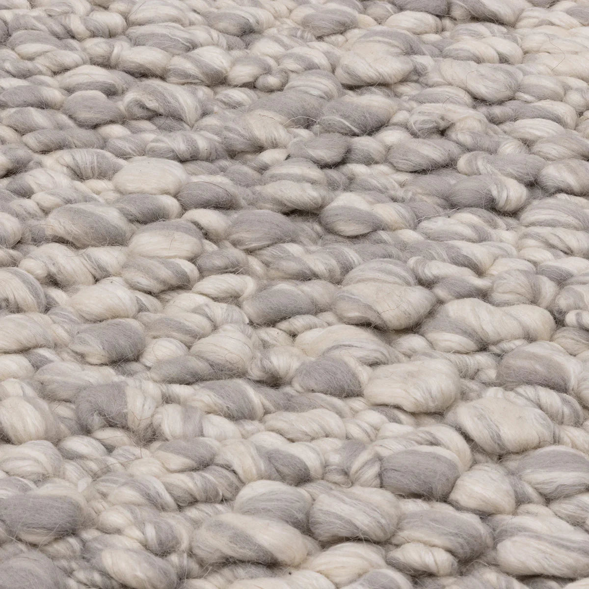 Asiatic Elm Silver Designer Rug featuring chunky boucle weave in silver-grey, light grey and ivory on cream background, hand-tufted wool