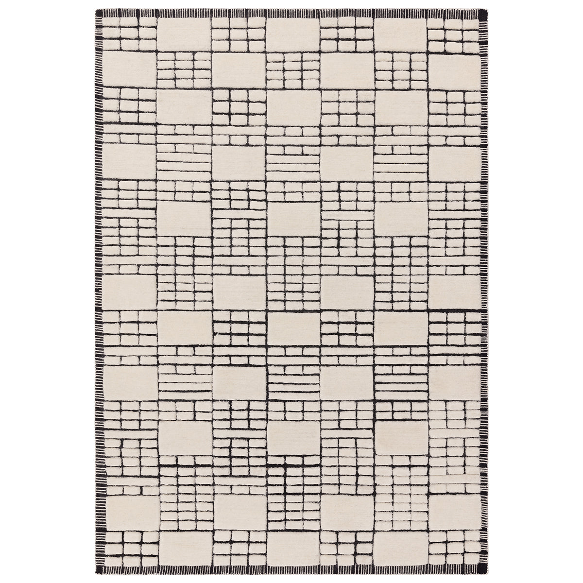 Rectangular area rug with a geometric pattern on a white background