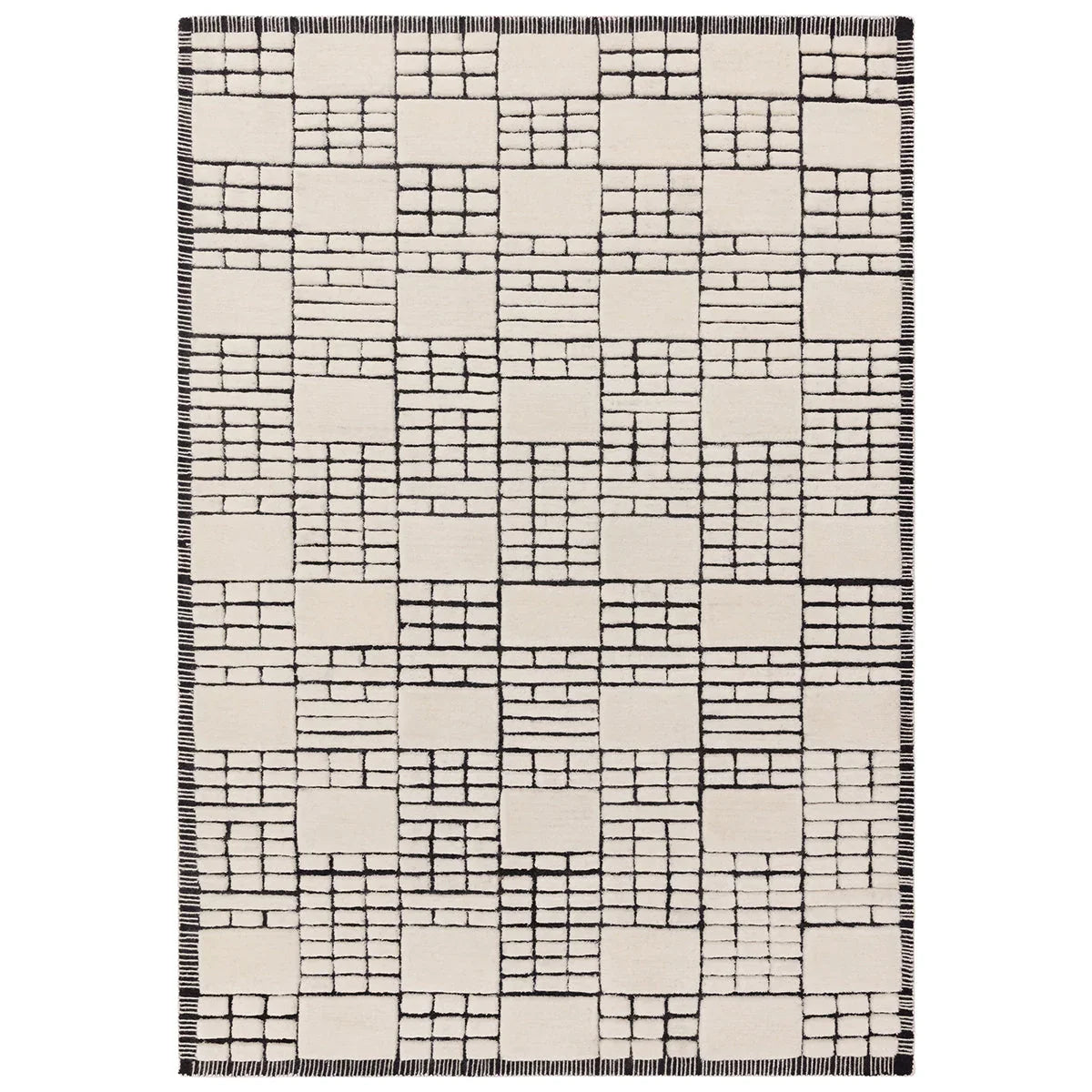 Rectangular area rug with a geometric pattern on a white background