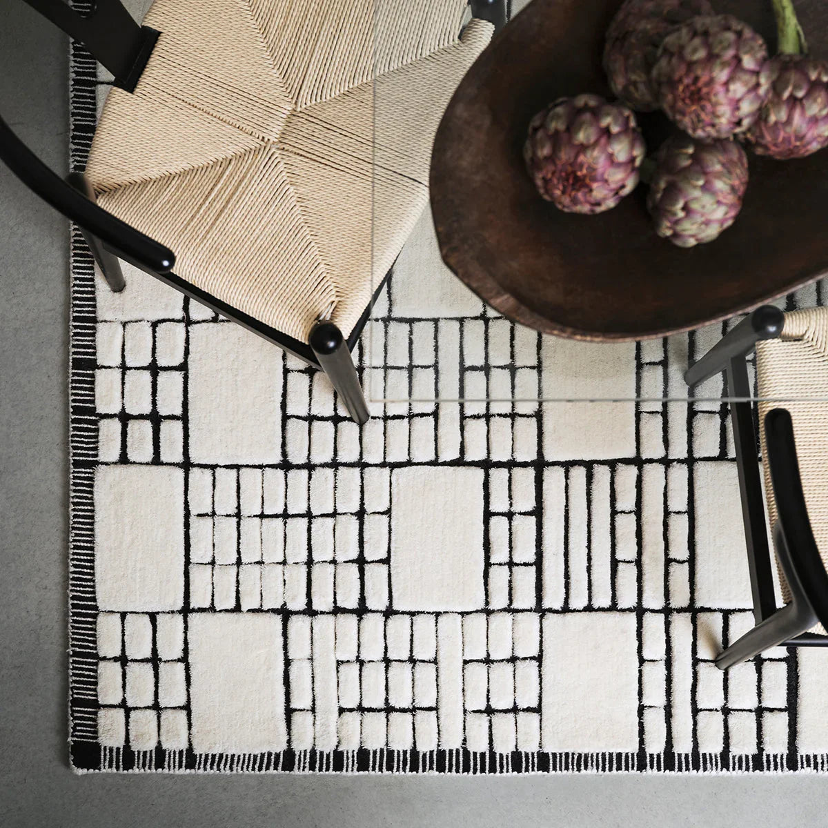 Asiatic Empire Cream Black Designer Rug featuring geometric grid pattern in cream and black on ivory background, hand-tufted wool
