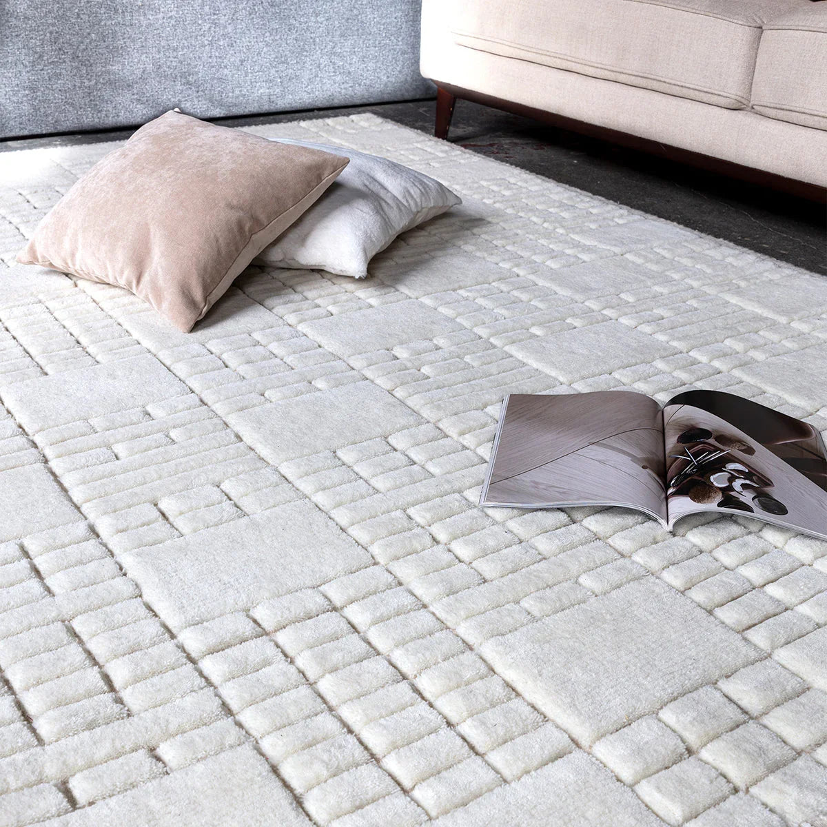 Asiatic Empire Cream Neutral Rug featuring patchwork blocks in cream, ivory and beige on cream background, hand-tufted wool