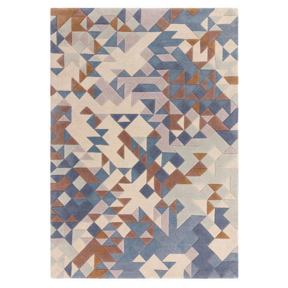 Asiatic Enigma Blue Designer Rug featuring geometric triangle pattern in blue, beige, taupe on cream background, hand-tufted wool