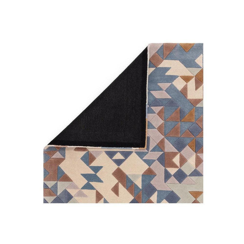 Asiatic Enigma Blue Designer Rug featuring geometric triangle pattern in blue, beige, taupe on cream background, hand-tufted wool