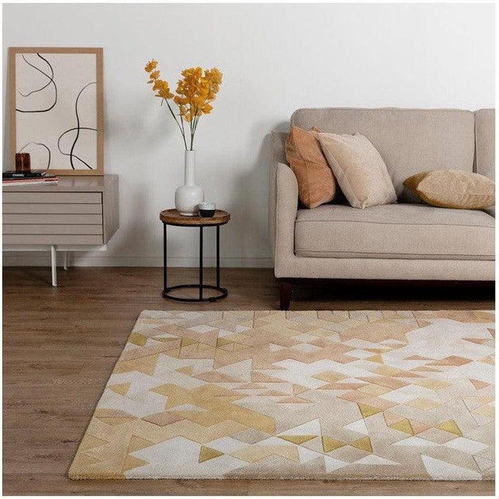 Asiatic Enigma Gold Designer Rug featuring geometric triangle pattern in cream, beige and light gold on ivory background, hand-tufted wool