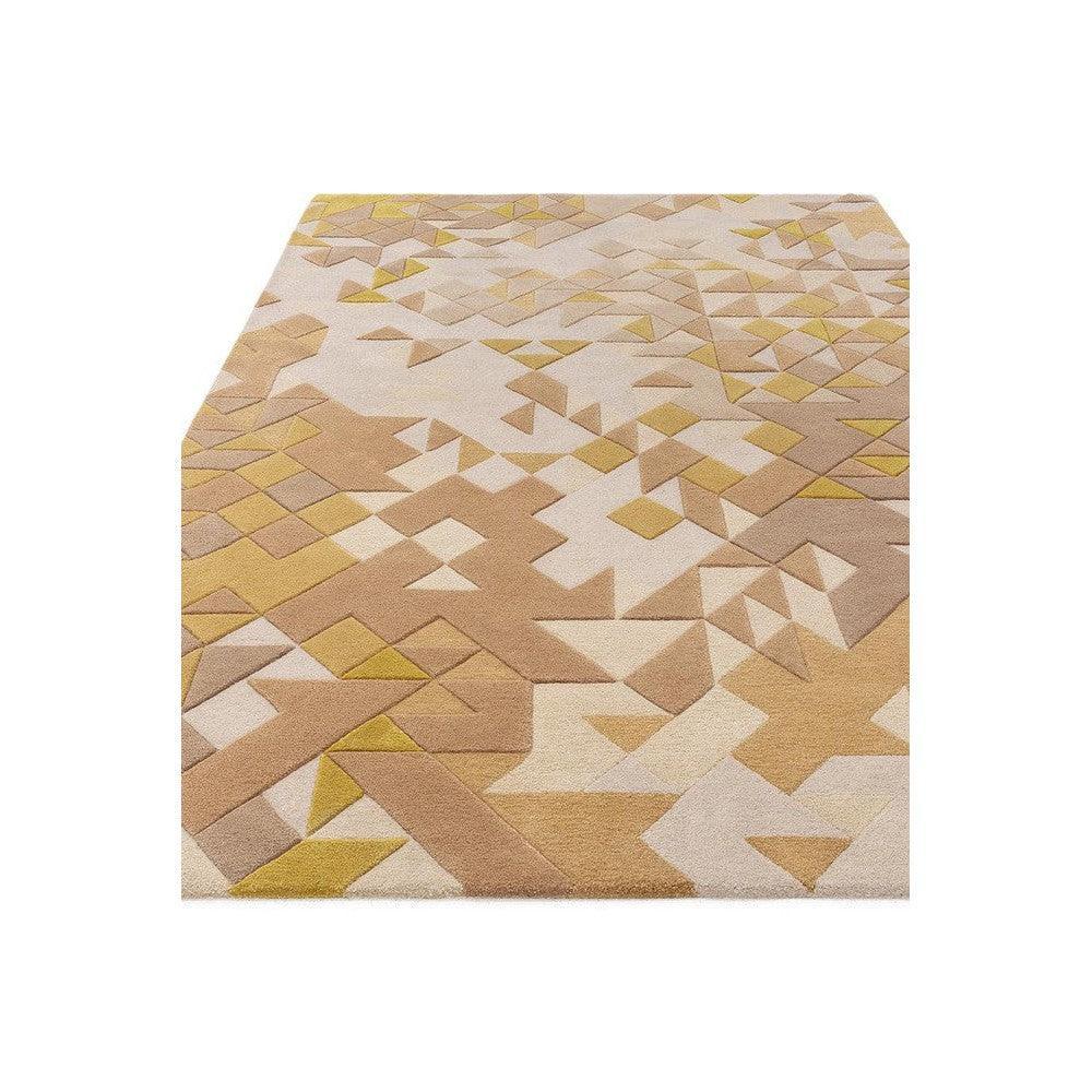Asiatic Enigma Gold Designer Rug featuring geometric abstract triangle pattern in ochre, beige, cream and gold on warm ivory background, hand-tufted wool