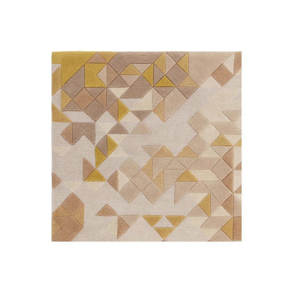 Asiatic Enigma Gold Designer Rug featuring geometric triangular pattern in mustard, taupe and cream on pale beige background, hand-tufted wool