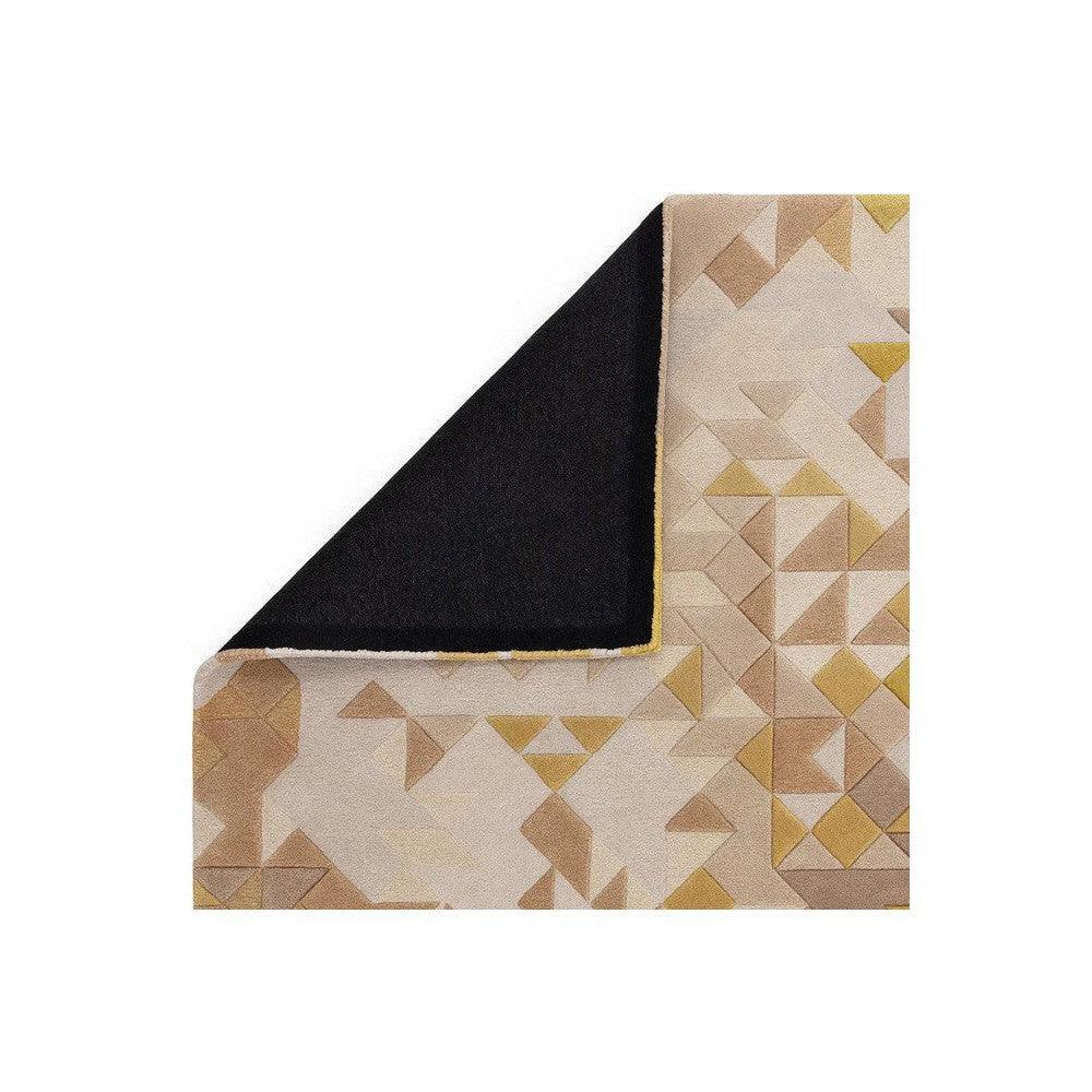 Asiatic Enigma Gold Designer Rug featuring geometric triangles in gold, beige, taupe on cream, hand-tufted wool