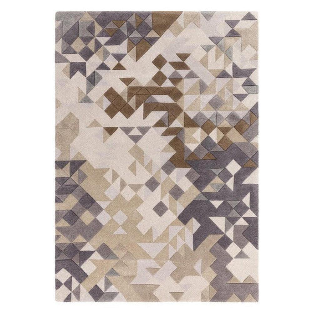 Asiatic Enigma Grey Designer Rug featuring geometric triangle pattern in grey, taupe, cream on light beige background, machine-made polyester blend