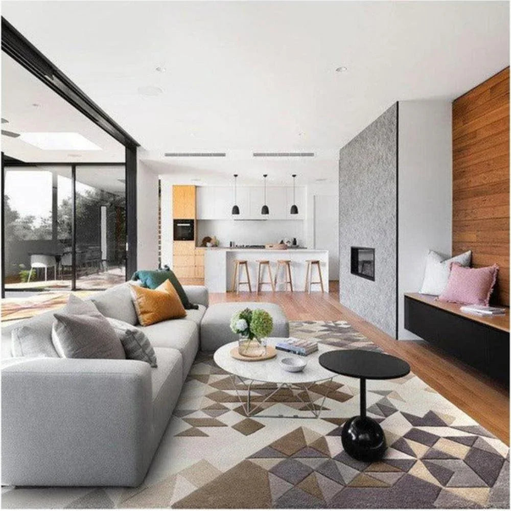 Asiatic Enigma Grey Designer Rug featuring geometric triangle pattern in beige, taupe, greys on cream background, hand-tufted wool