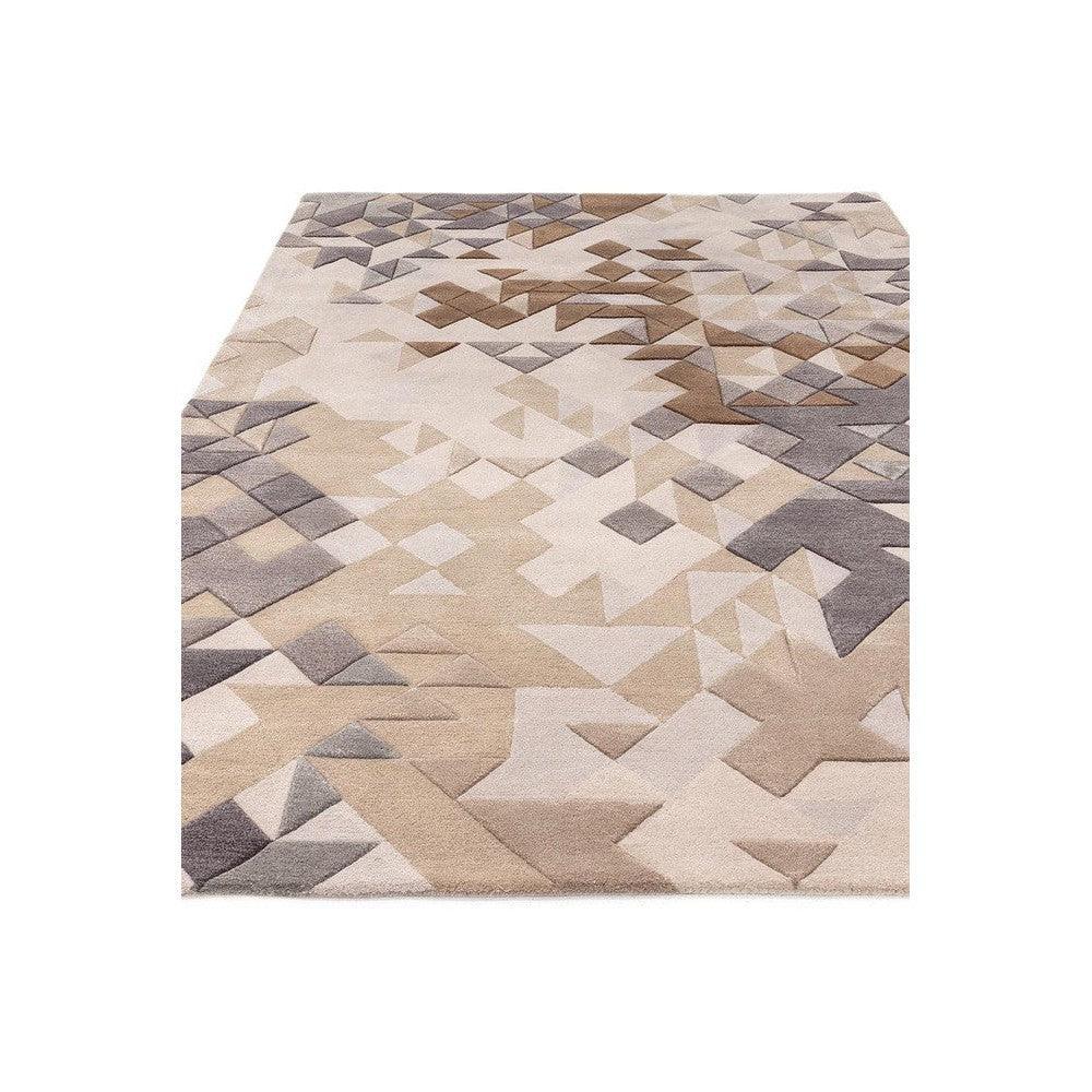 Asiatic Enigma Grey Designer Rug featuring geometric triangle pattern in beige, taupe, grey on light beige, machine-made polypropylene