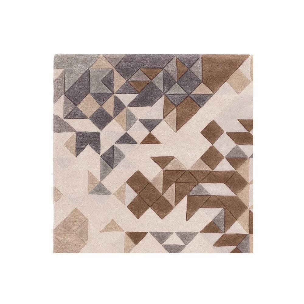 Asiatic Enigma Grey Designer Rug featuring geometric abstract pattern in taupe, grey, brown and beige on cream background, hand-tufted wool