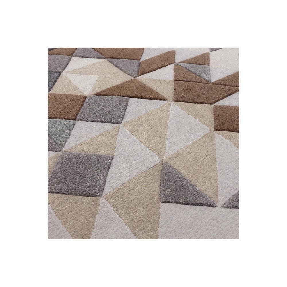 Asiatic Enigma Grey Designer Rug featuring geometric triangular pattern in beige, taupe and grey on light cream background