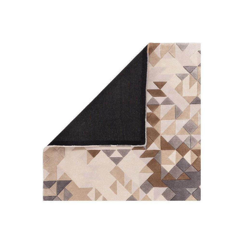 Asiatic Enigma Grey Designer Rug featuring geometric triangle pattern in beige, taupe, grey, brown on cream background, machine-made wool