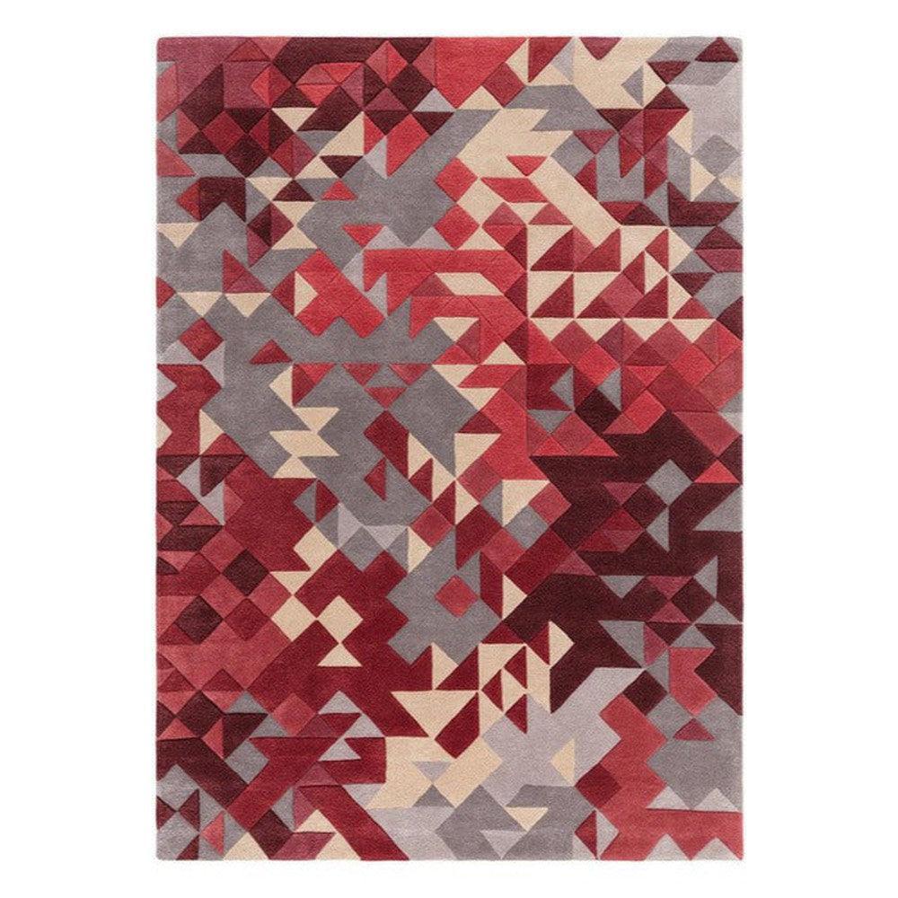 Asiatic Enigma Red Designer Rug featuring geometric abstract pattern in burgundy, crimson, cream and grey on beige, machine-loomed wool
