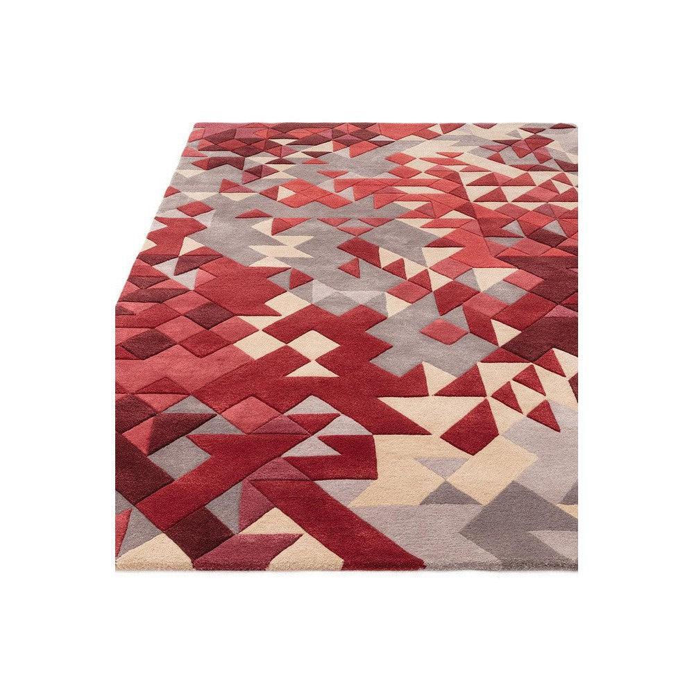 Asiatic Enigma Red Designer Rug featuring geometric triangle pattern in red, burgundy, taupe and cream on pale beige background, hand-tufted wool