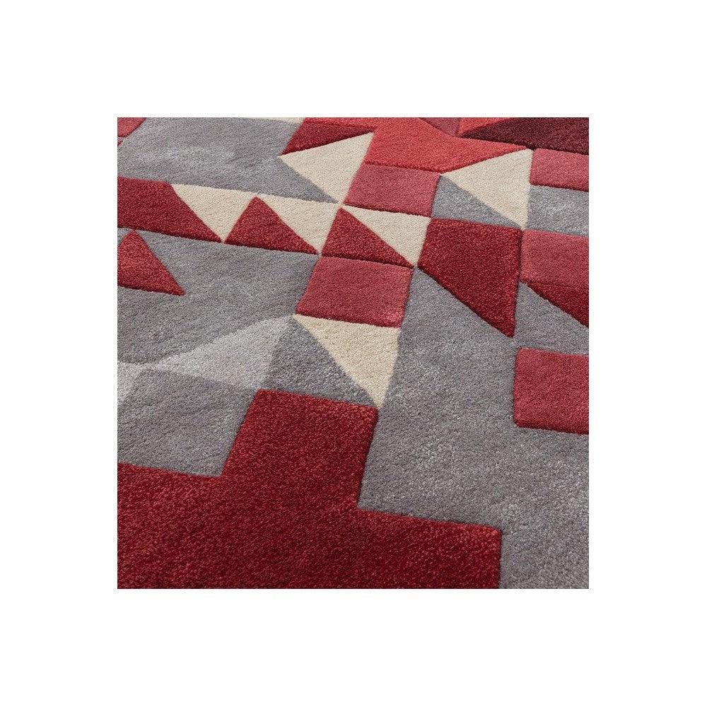 Asiatic Enigma Red Designer Rug featuring geometric pattern in red, burgundy, ivory and grey on light grey background