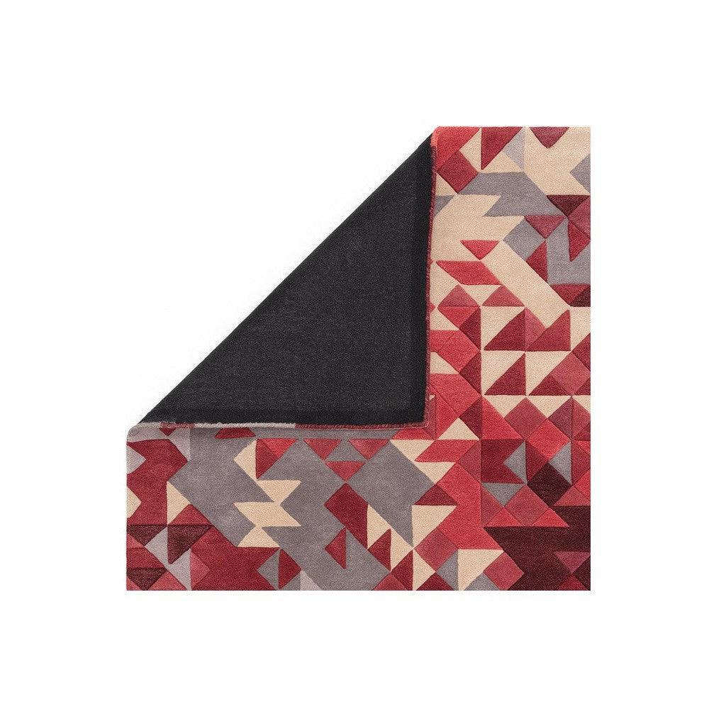 Asiatic Enigma Red Designer Rug featuring geometric triangle pattern in red, burgundy, beige and grey on beige background, hand-tufted wool