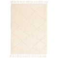 Beige area rug with diamond pattern and tassels on a white background