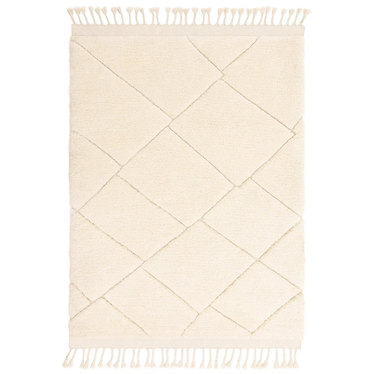Beige area rug with diamond pattern and tassels on a white background