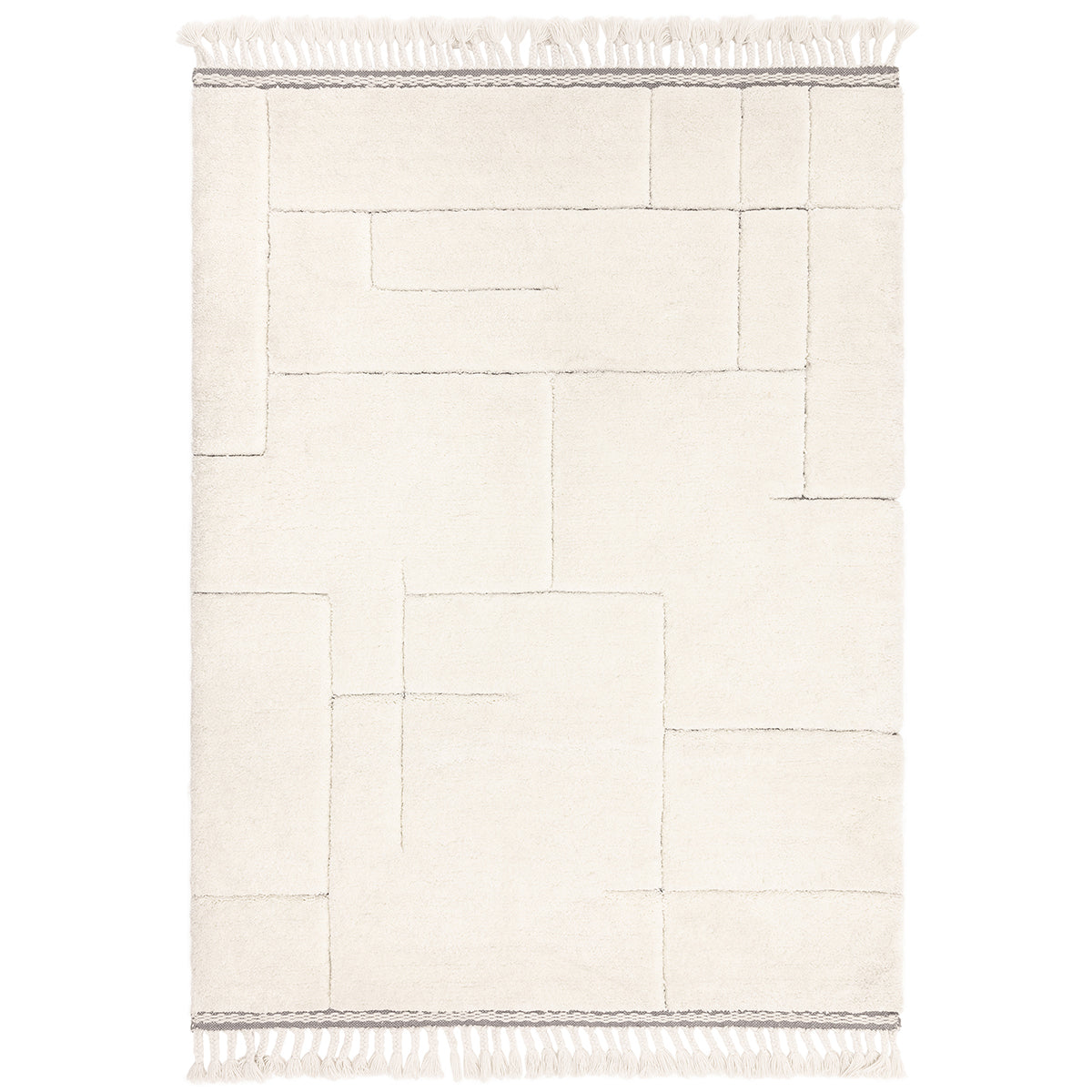 Beige woven rug with a striped border on a white background