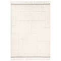 Beige woven rug with a striped border on a white background