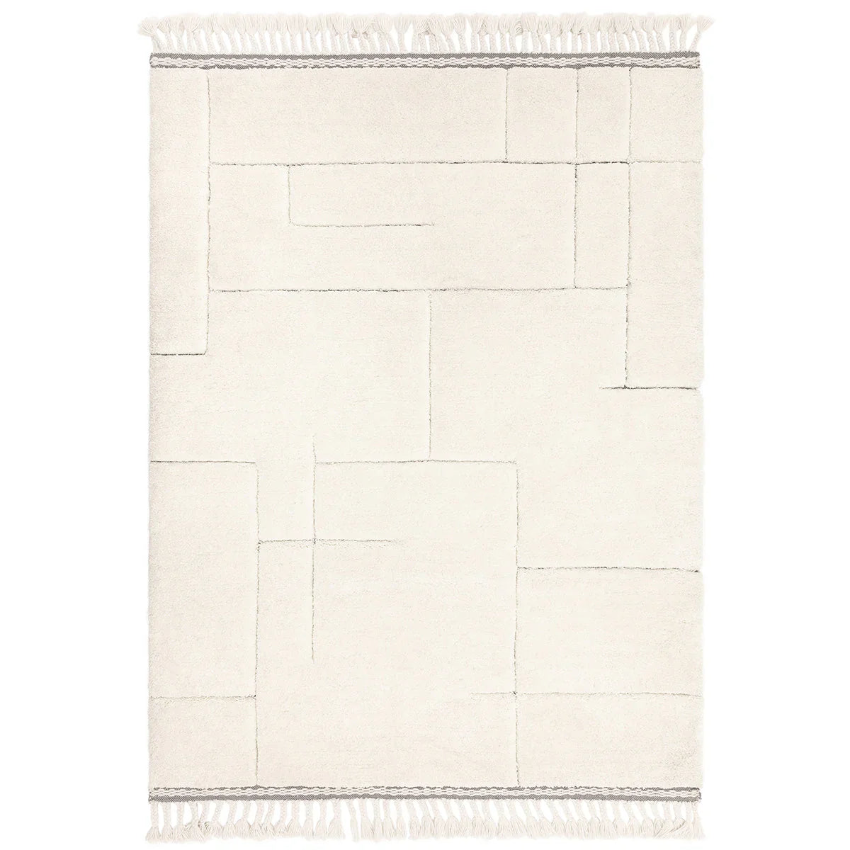 Beige woven rug with a striped border on a white background