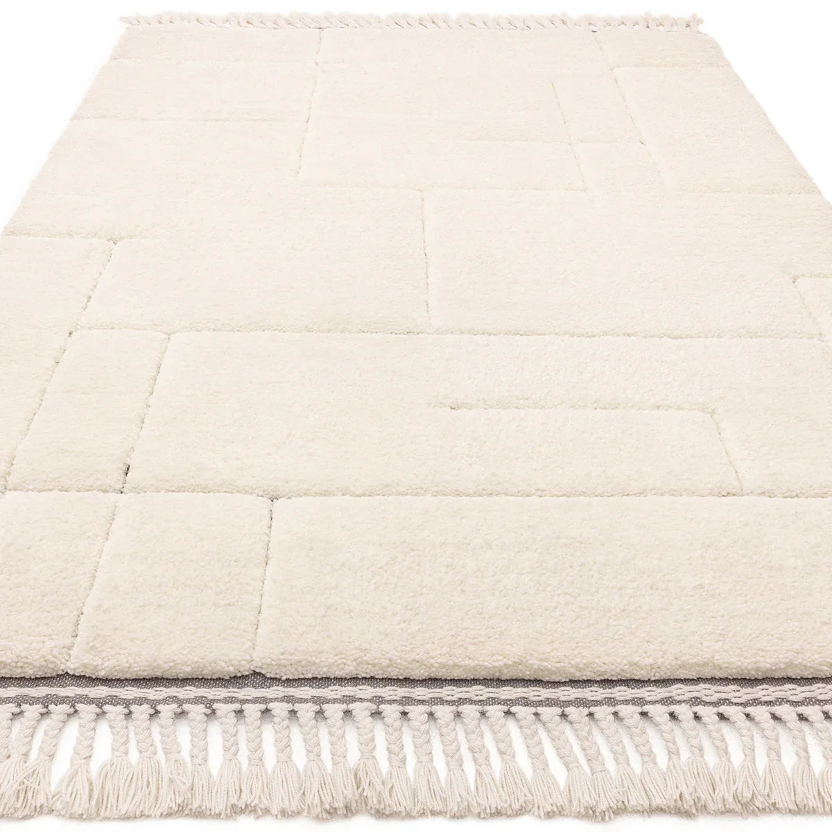 Asiatic Fes 02 Designer Rug featuring cream ivory geometric patchwork shag on light background, wool shag pile, Asiatic Carpets London