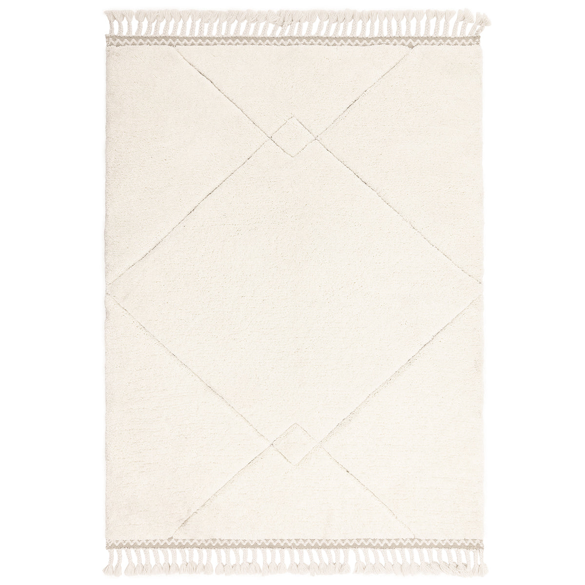 White rug with diamond pattern and tassels on a white background