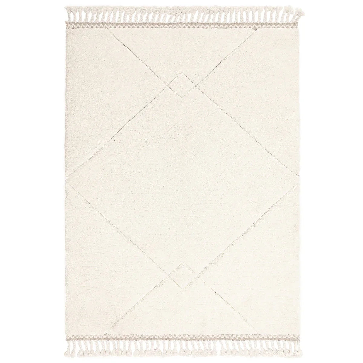 White rug with diamond pattern and tassels on a white background