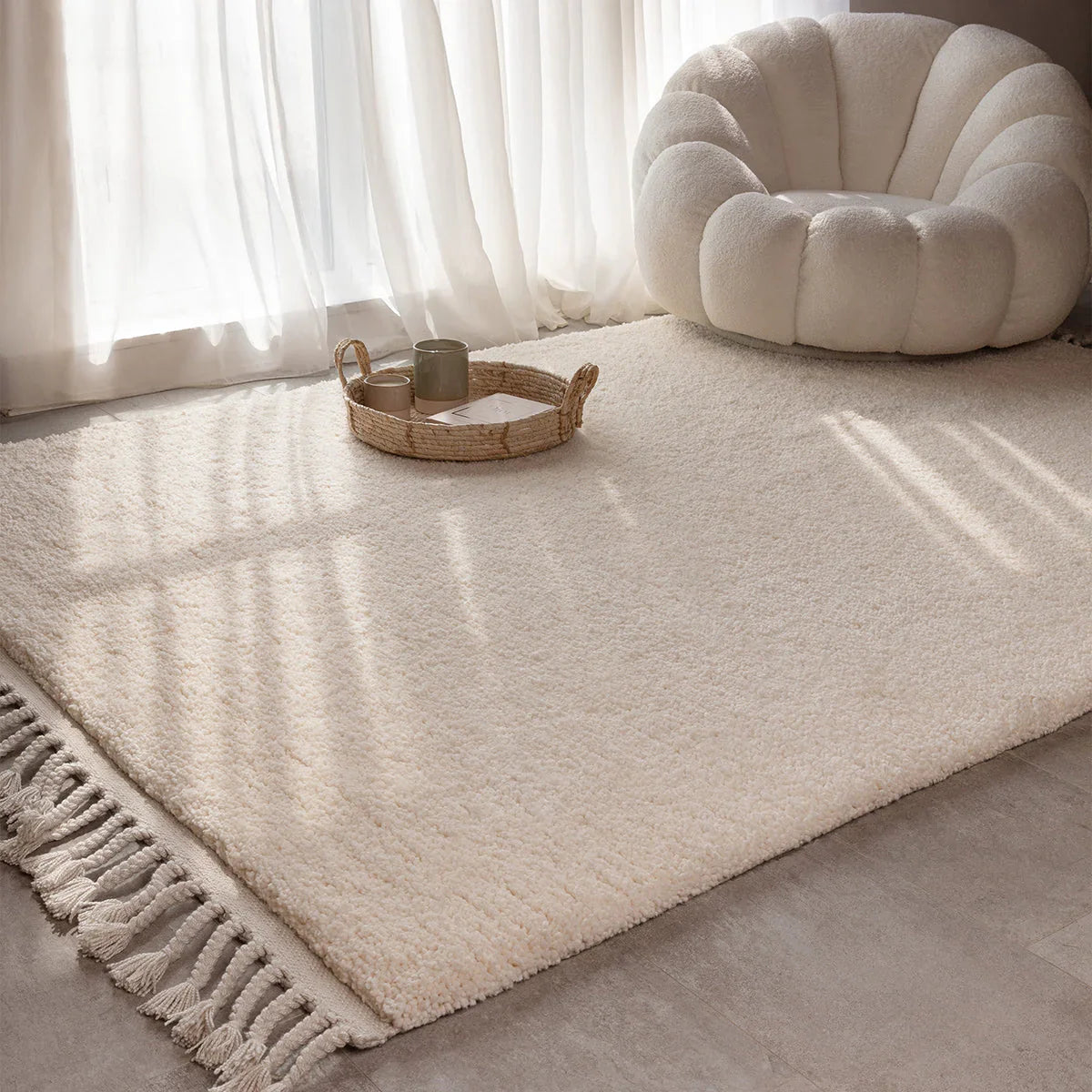 Asiatic Fes 04 Designer Rug featuring solid plush shag in cream, ivory and beige on ivory background, hand-tufted wool