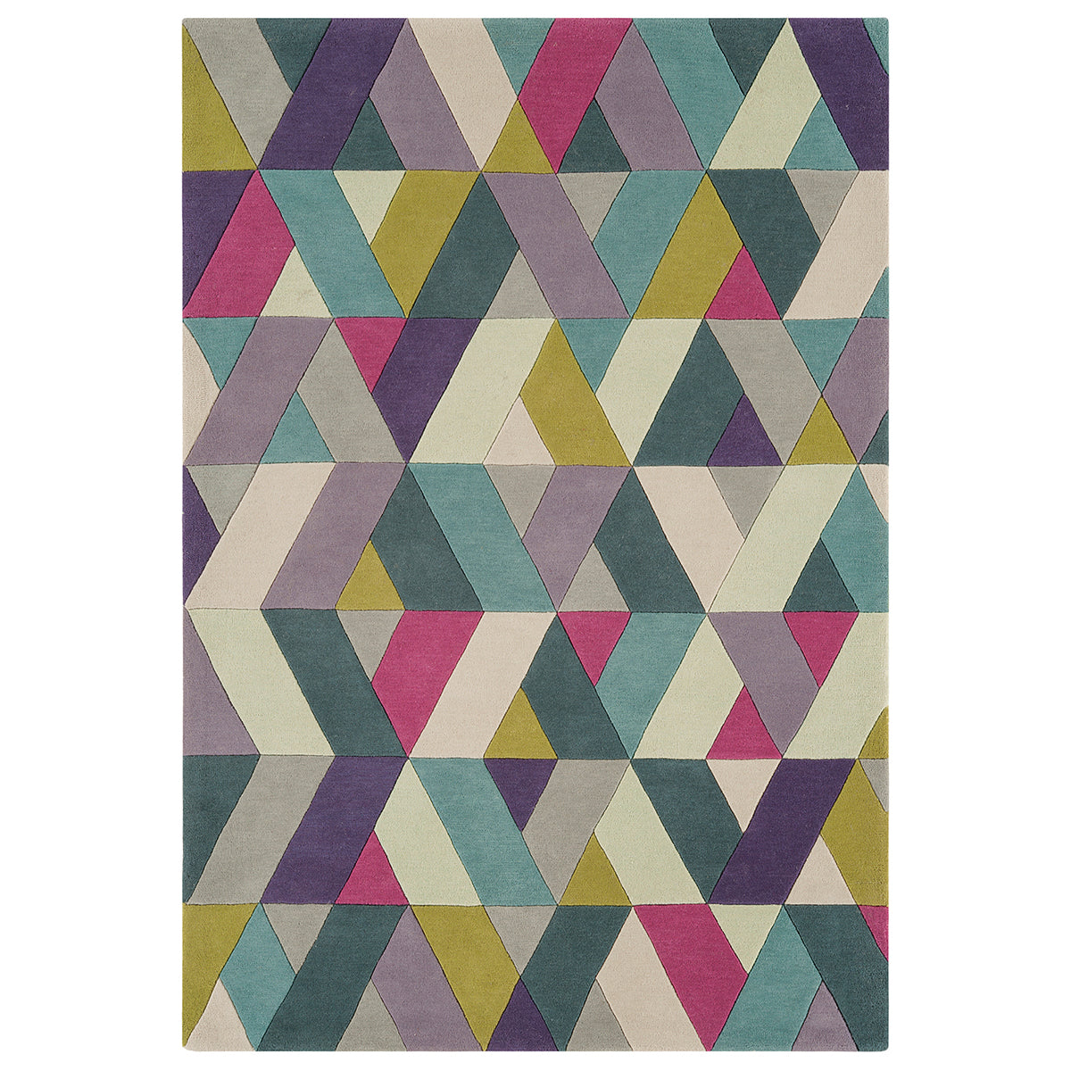 Geometric patterned rug with triangles in various colors on a white background