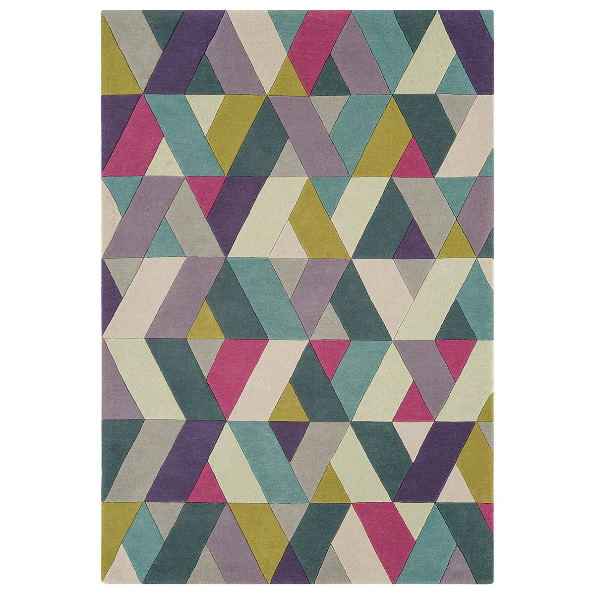 Geometric patterned rug with triangles in various colors on a white background