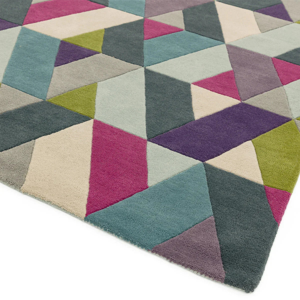 Asiatic Funk Chevron Blue Green Designer Rug featuring geometric triangles in blue, teal, magenta, lime on cream, hand-tufted wool