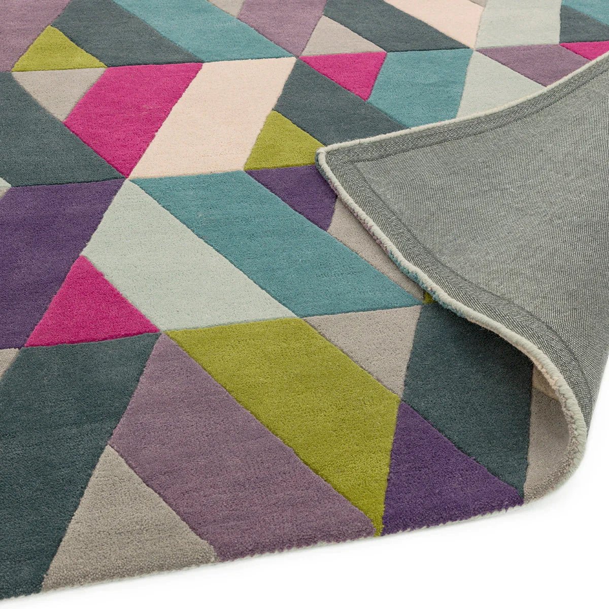 Asiatic Funk Chevron Blue Rug featuring geometric chevron pattern in magenta, teal, lime, purple on light grey background, hand-tufted wool