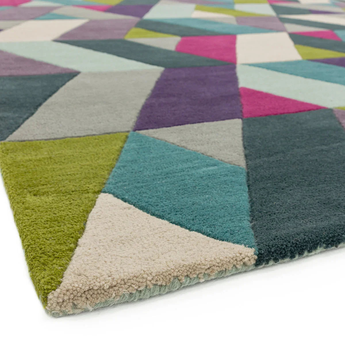 Asiatic Funk Chevron Rug featuring chevrons in teal, lime, blue and pink on beige background, hand-tufted wool