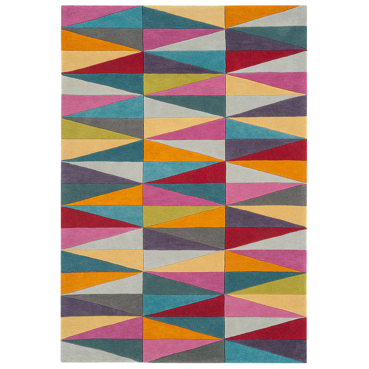 Multicolored geometric patterned rug on a white background