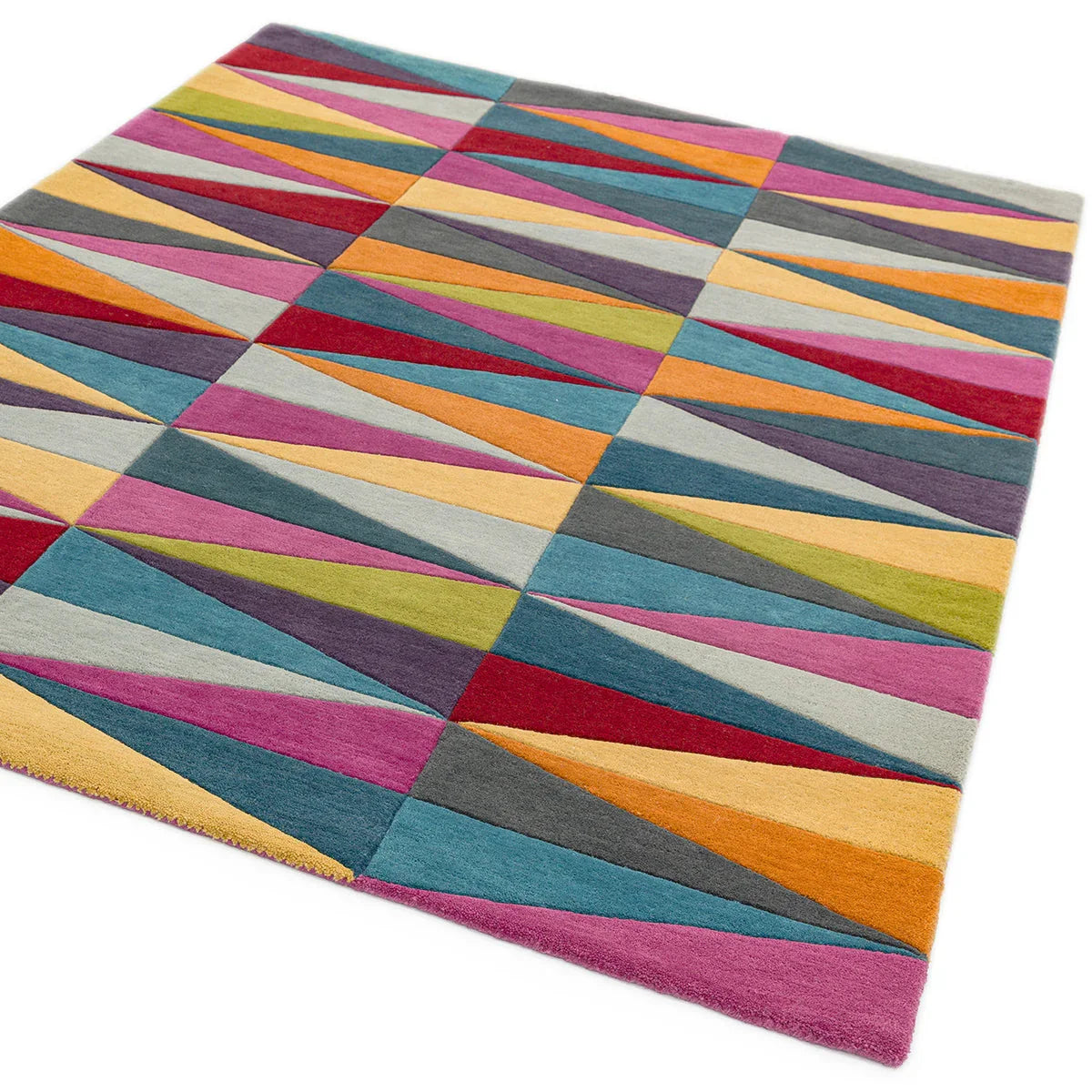 Asiatic Funk Triangles rug featuring geometric triangles in pink, teal, orange, lime and grey on white background, machine-loomed polyester