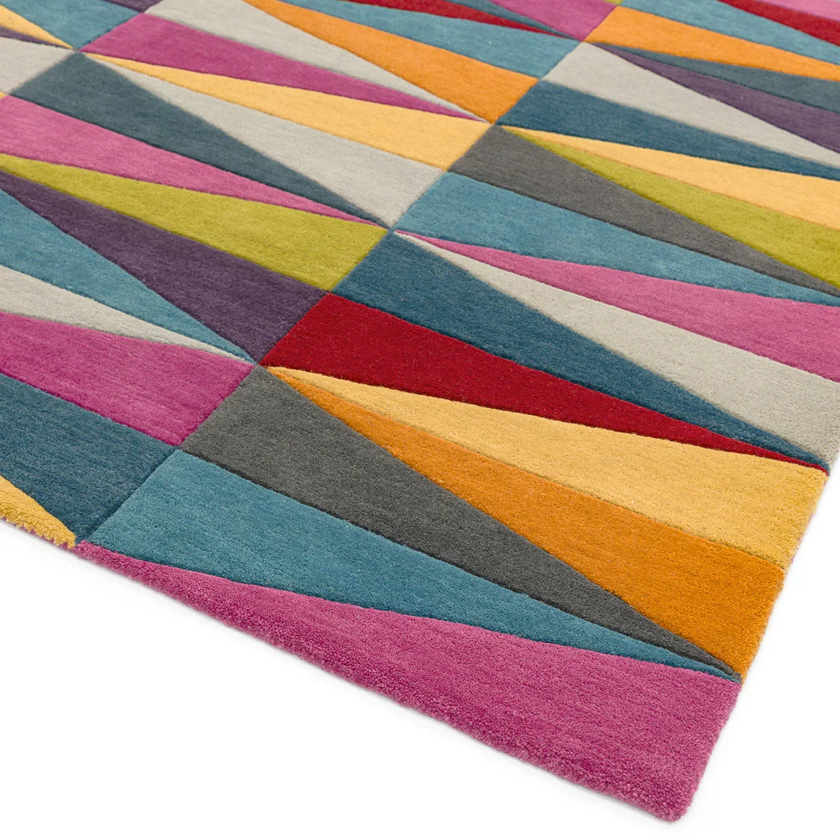 Asiatic Funk Triangles Designer Rug featuring geometric triangle pattern in magenta, teal, mustard, orange, purple on cream background, hand-tufted wool