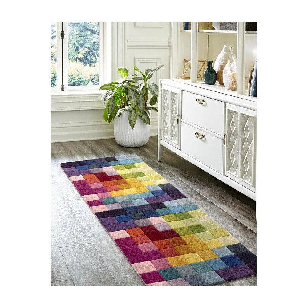 Asiatic Funk Multi Runner Rug featuring pixel mosaic in magenta, pink, orange, yellow, lime, teal on light grey flooring, machine-made polypropylene