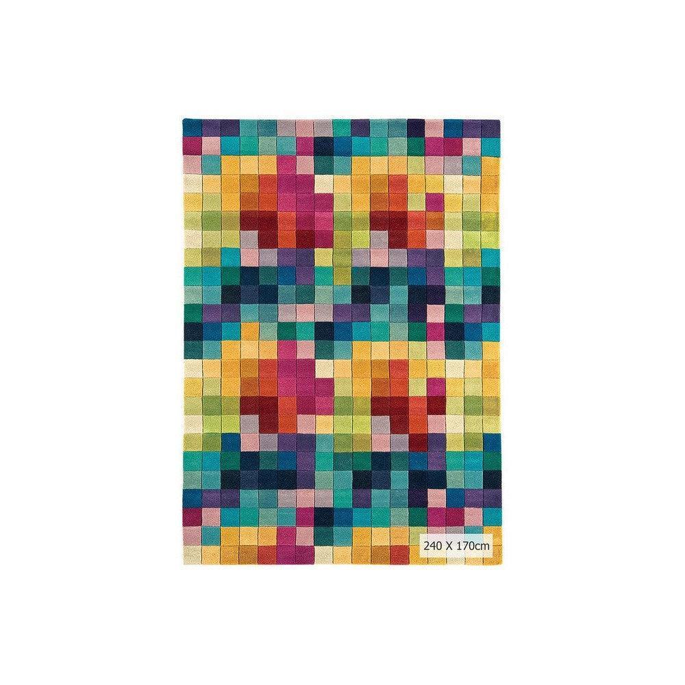 Asiatic Funk rug featuring pixel mosaic pattern in magenta, pink, yellow, teal, blue and green on white background, hand-tufted wool
