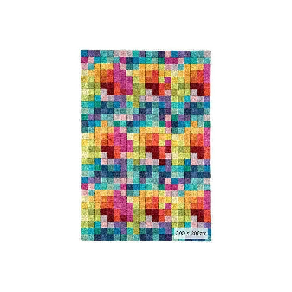 Asiatic Funk Multi Designer Rug featuring abstract mosaic pattern in red, pink, orange, yellow, lime green, teal, blue and purple on white background, construction method unknown, primary material unknown