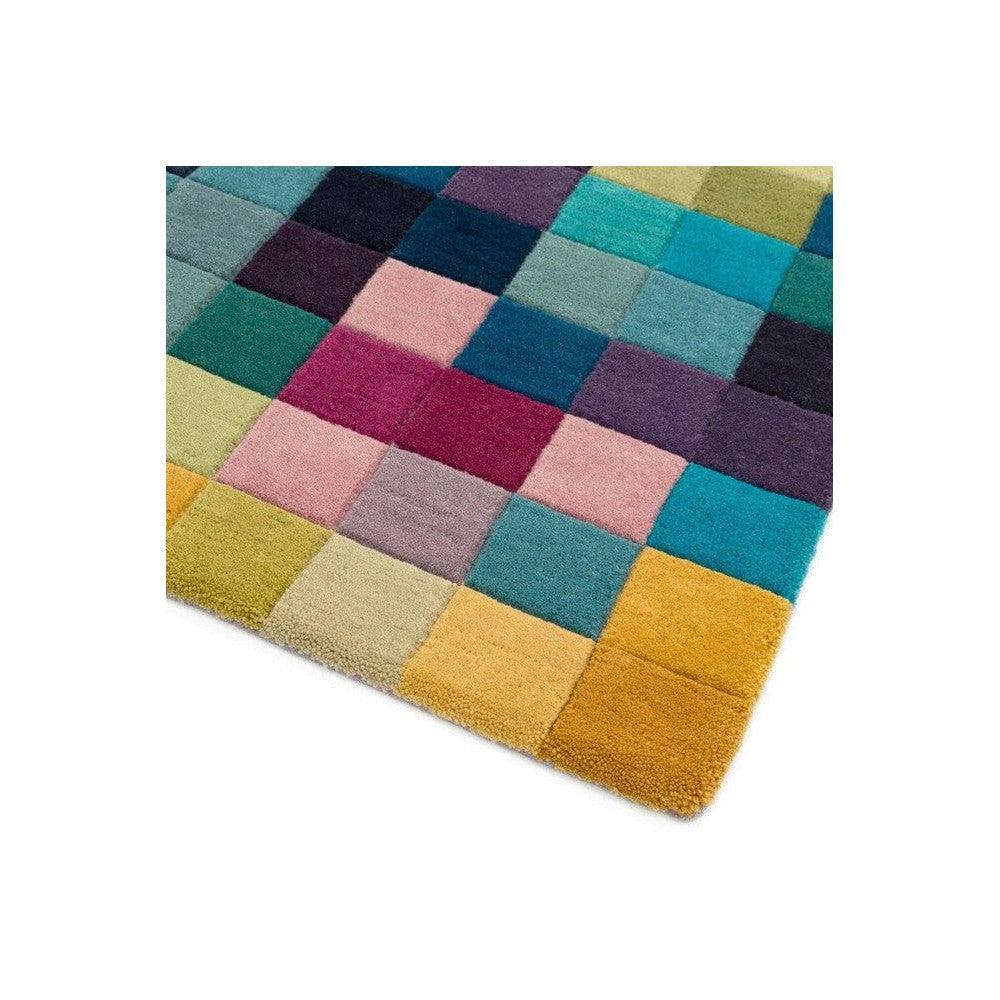 Asiatic Funk Multi Designer Rug featuring patchwork grid in teal, turquoise, pink, purple, lime, yellow on white background, hand-tufted wool