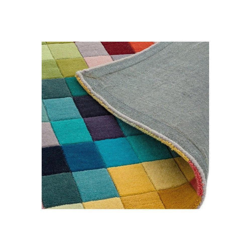 Asiatic Funk Multi Designer Rug featuring patchwork square pattern in teal, turquoise, lime, ochre and navy on grey backing, hand-tufted wool
