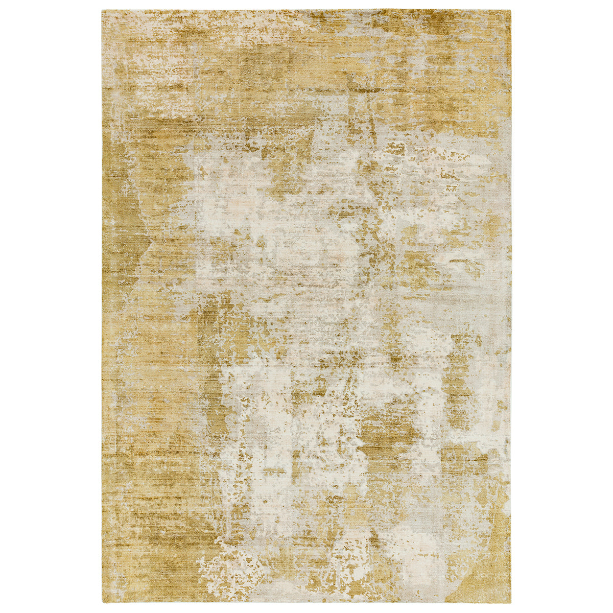 Rug with abstract design in gold and beige on a white background