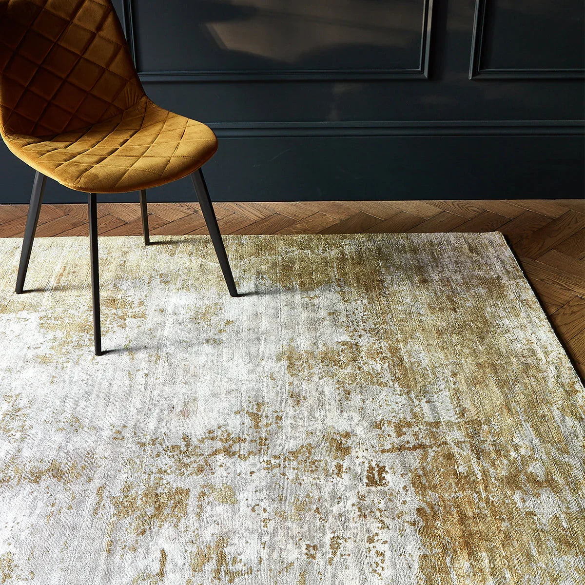 Asiatic Gatsby Autumn Designer Rug featuring distressed abstract pattern in cream, gold, taupe on ivory background, machine-woven wool