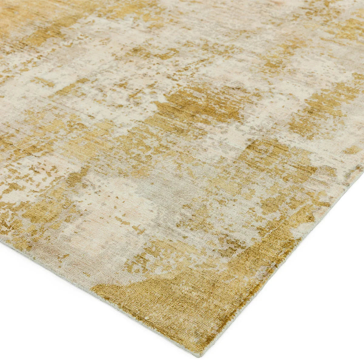 Asiatic Gatsby Autumn rug featuring distressed abstract pattern in gold, cream and beige on ivory background, hand-tufted wool