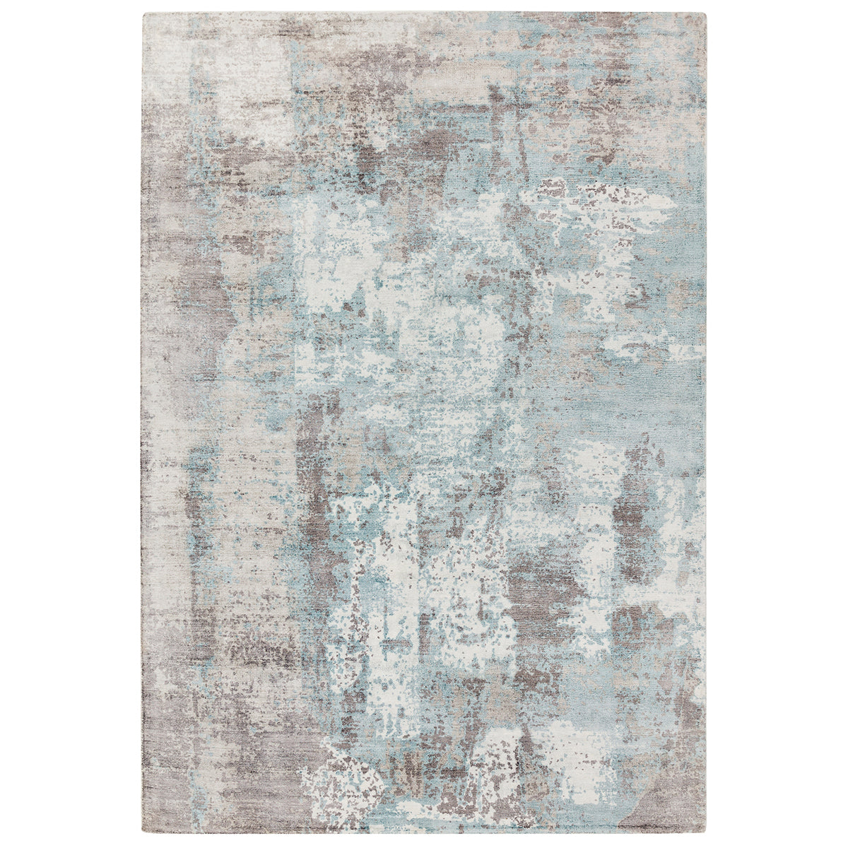 Abstract patterned rug with shades of blue, gray, and beige on a white background